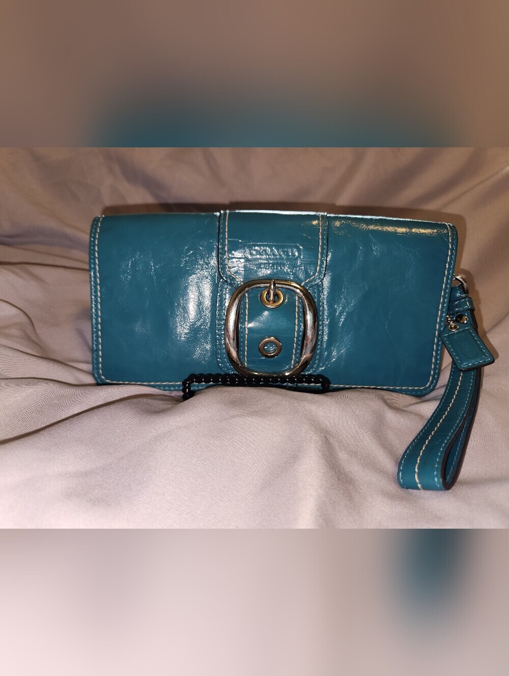 Coach Bleecker Teal Leather Clutch with Buckle Detail